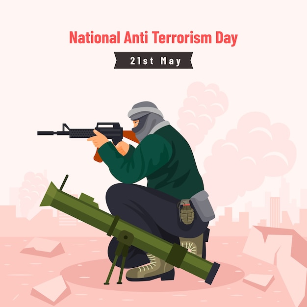 Плоская иллюстрация дня борьбы с терроризмом с вооруженным человеком