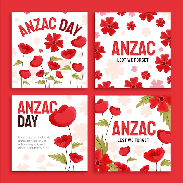 Free vector flat anzac day instagram posts collection