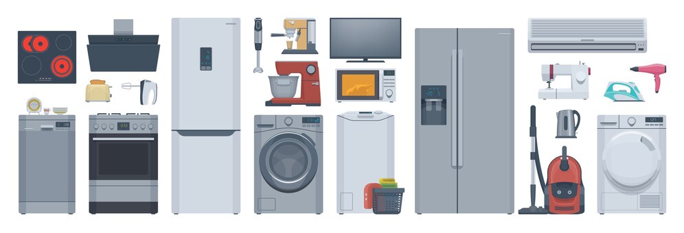  Flat appliances set. refrigerator, washer, stove & other. illustration. collection Premium Vector