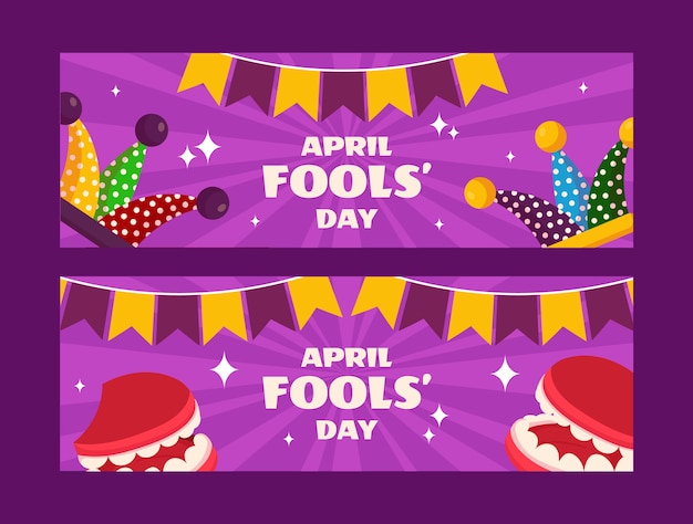 Flat april fools day horizontal banners pack