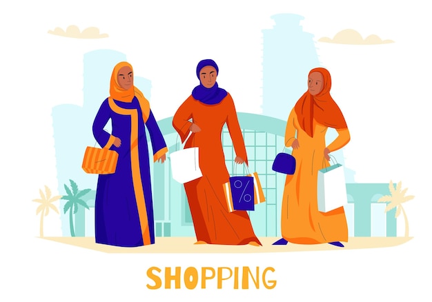 Vettore gratuito donne arabe piatte shopping illustrazione