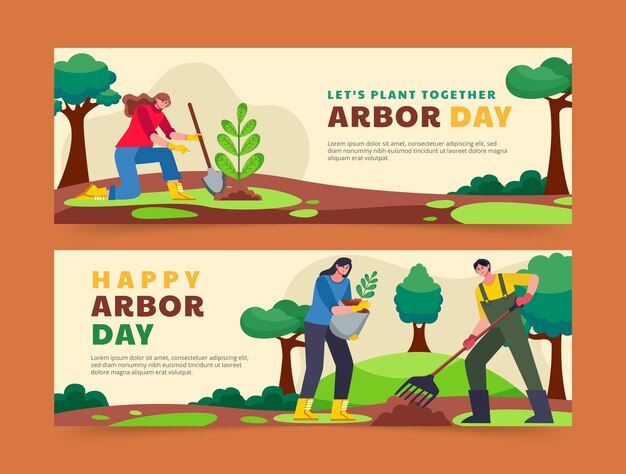 Flat arbor day horizontal banners pack