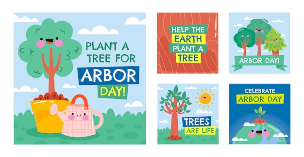 Free vector flat arbor day instagram posts collection