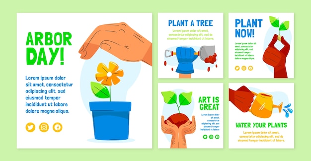 Vettore gratuito collezione di post instagram flat arbor day