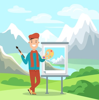 Immagine piatta della pittura dell'artista sull'illustrazione vettoriale del paesaggio di montagna del cavalletto
