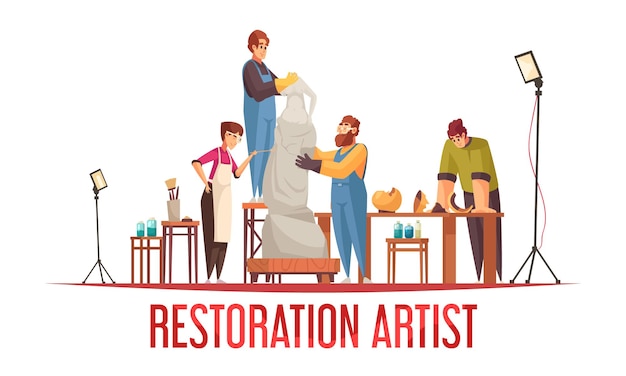 Vettore gratuito concetto di restauratore artista piatto con un gruppo di persone che lavorano sulla vecchia statua
