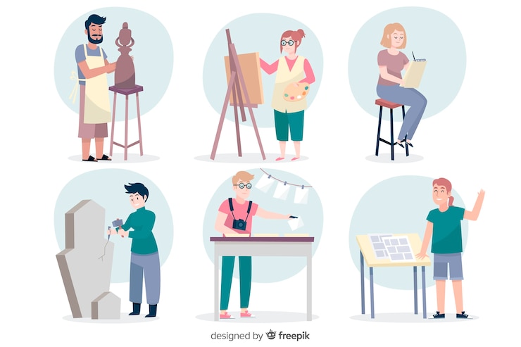 Бесплатный Вектор плоские художники на работе коллекции