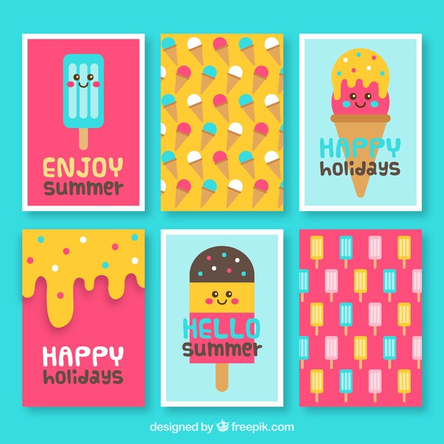 Flat assortment of cards with colored ice creams