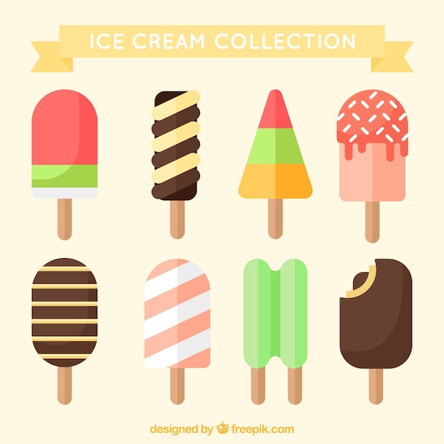 Плоский ассортимент различных вкусных мороженого