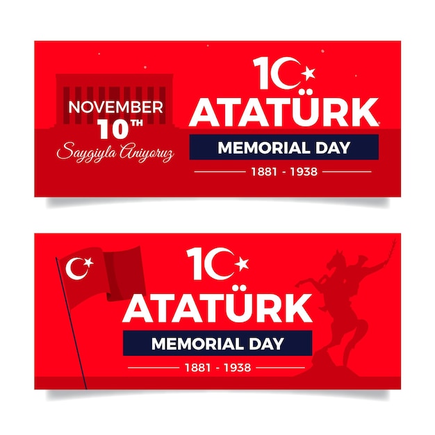 Free vector flat ataturk memorial day horizontal banners set