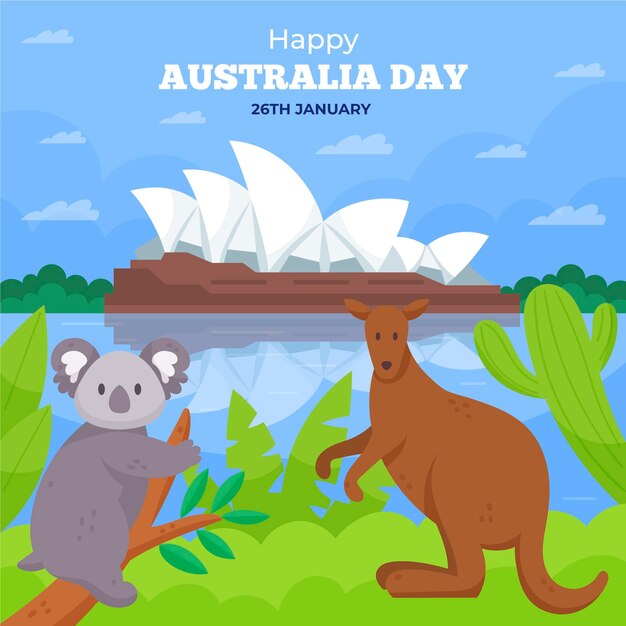 Vettore gratuito illustrazione piana di giorno dell'australia con l'orso di koala