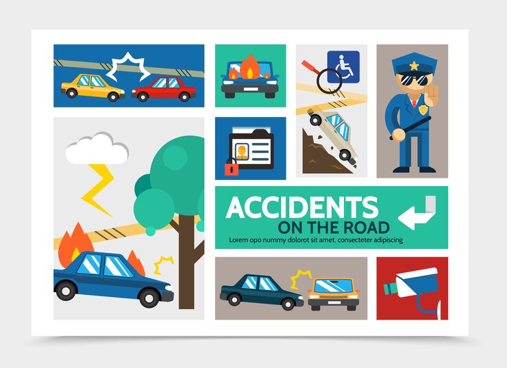 Free Vector flat auto accident infographic concept with car crash burning and falling from hill automobiles