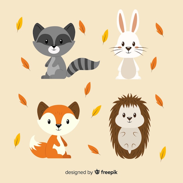 Flat autumn forest animals collection