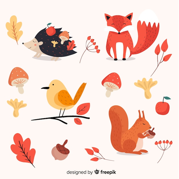 フラット秋の森の動物コレクション