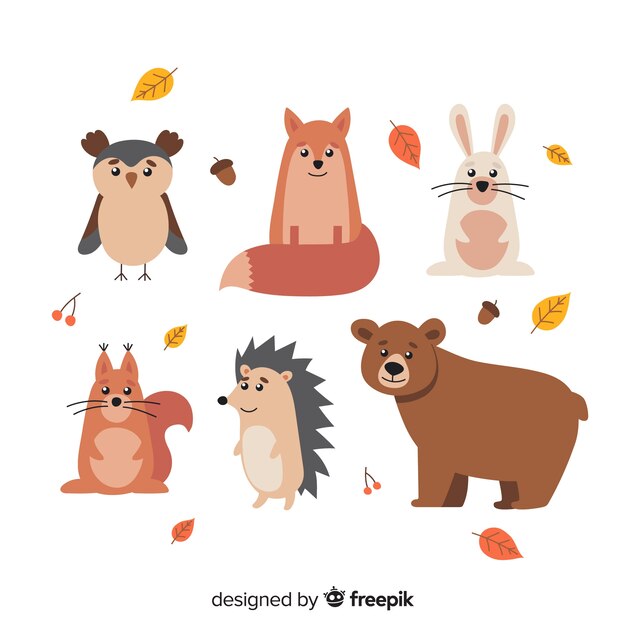 Flat autumn forest animals collection
