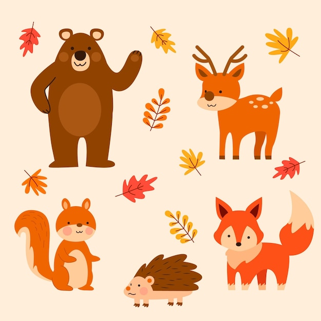 Flat autumn forest animals