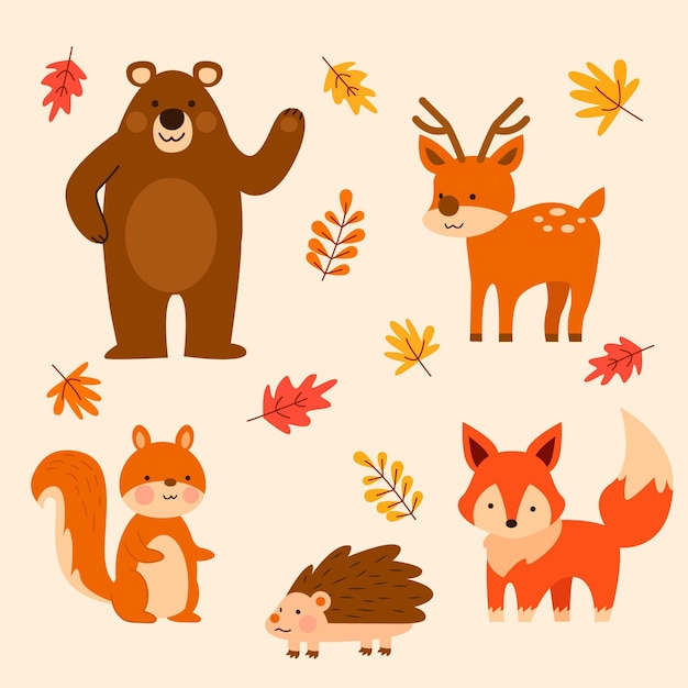 平らな秋の森の動物