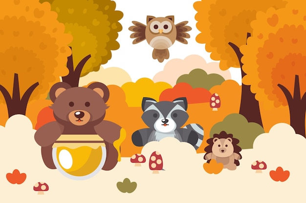 Free vector flat autumn forest animals