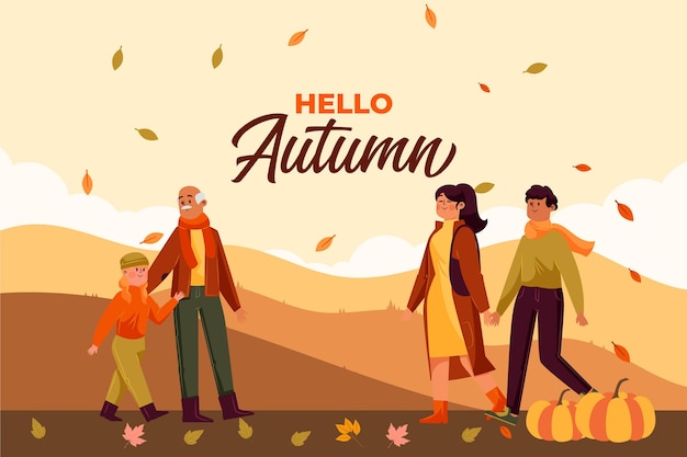 Flat autumn illustration with people outdoors