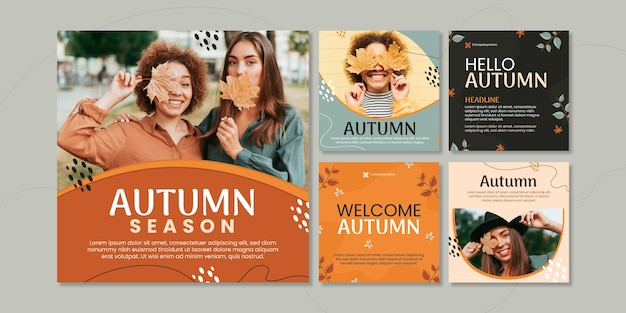 Flat autumn instagram posts collection with photo