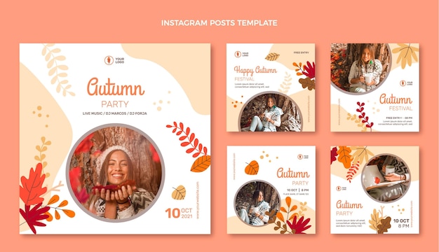 Vettore gratuito collezione di post instagram autunnali piatti