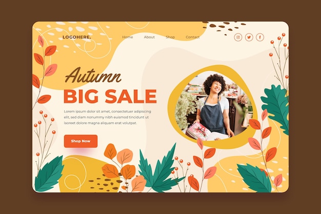 Flat autumn sale landing page template with photo