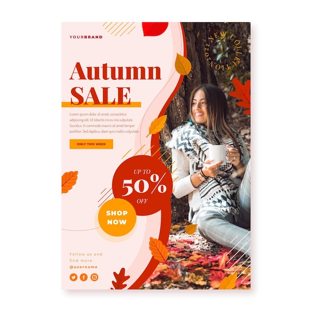 Vettore gratuito modello di poster di vendita verticale piatto autunno con foto