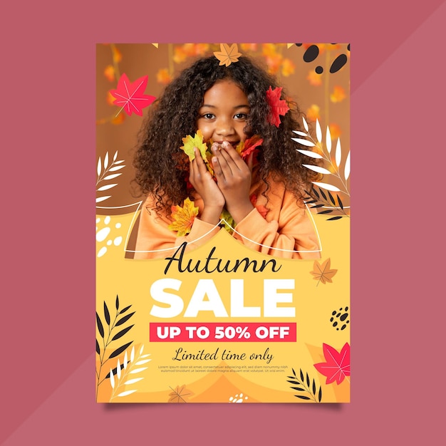 Flat autumn vertical sale poster template with photo