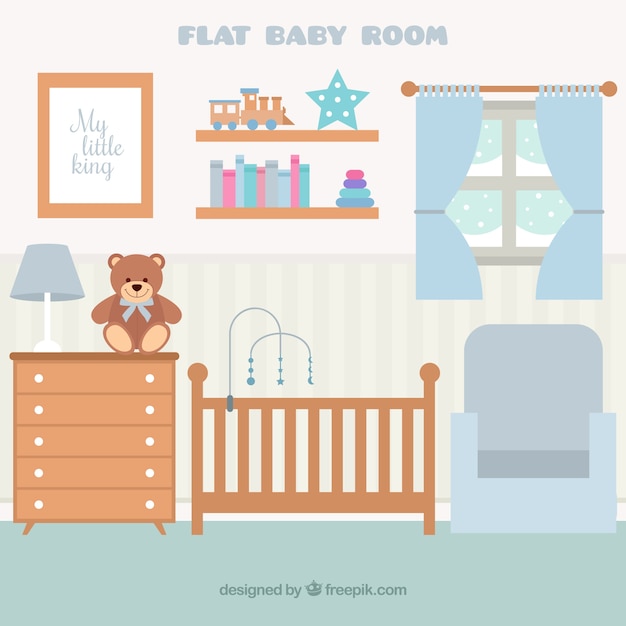 flat baby room with wooden furniture and window