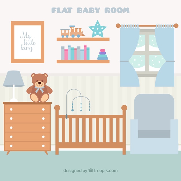 Free vector flat baby room with wooden furniture and window