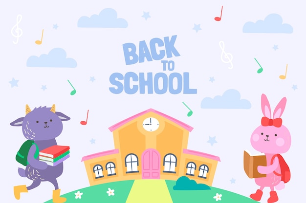 Free vector flat back to school background with animal students and school