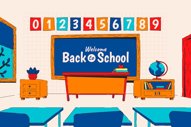 Flat back to school background with classroom