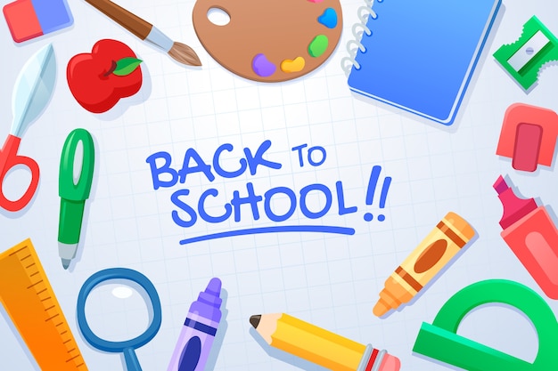 Flat back to school background with school supplies