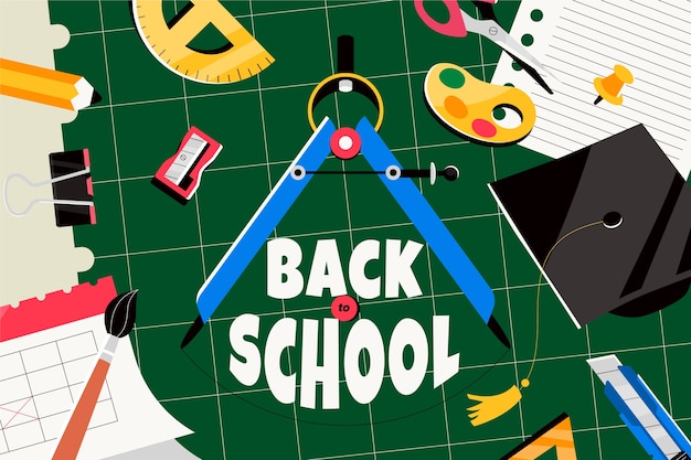 Flat back to school background with school supplies