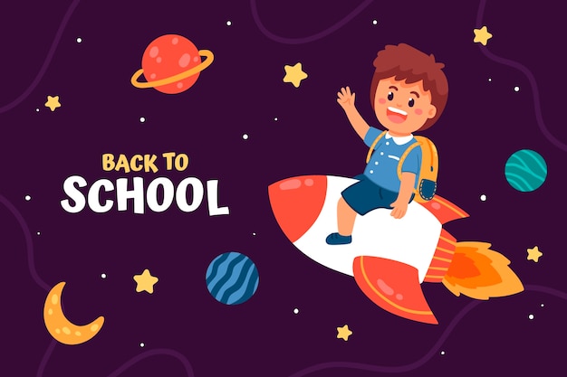Flat back to school background with student on rocket