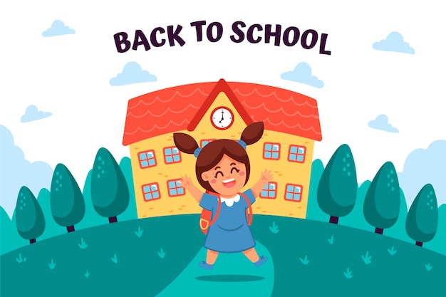 Flat back to school background with student and school