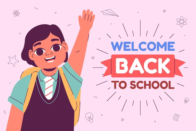 Flat back to school background with student waving