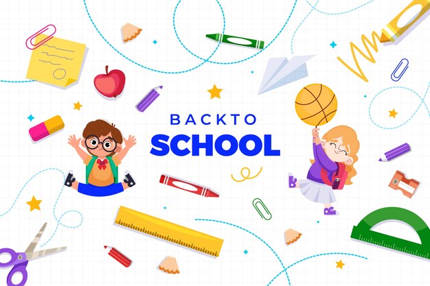 Flat back to school background with students and supplies