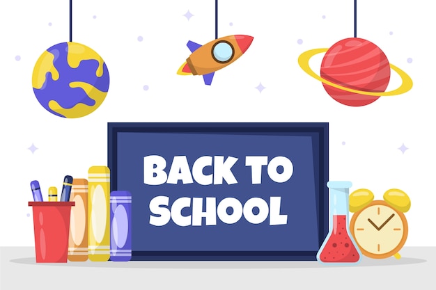 Flat back to school background with supplies and planets