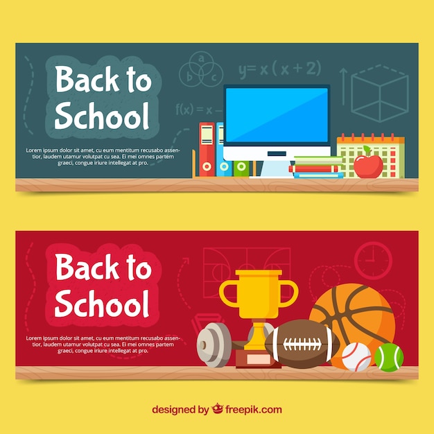 Flat back to school banners classroom and sports concept