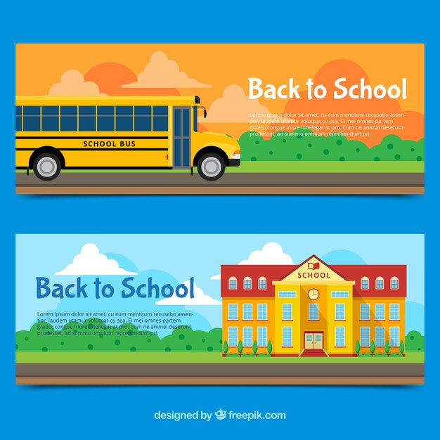 Flat back to school banners with school bus and building