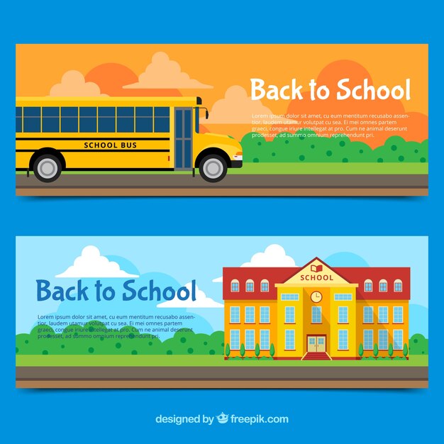 スクールバスと建物の学校バナーにフラットバック