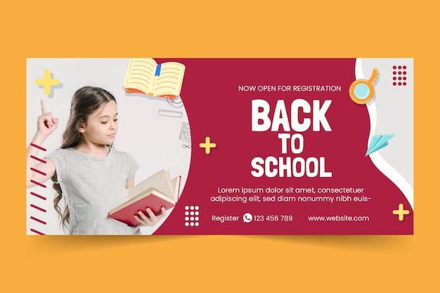 Free vector flat back to school horizontal banner template with photo