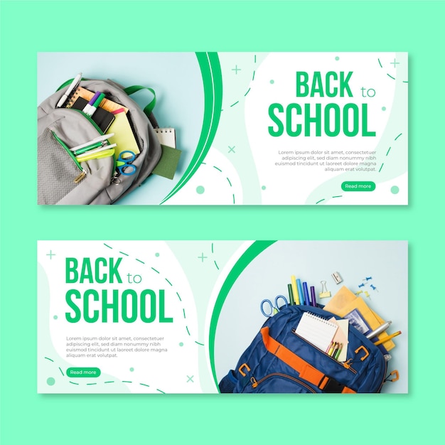 Free vector flat back to school horizontal banners set with photo