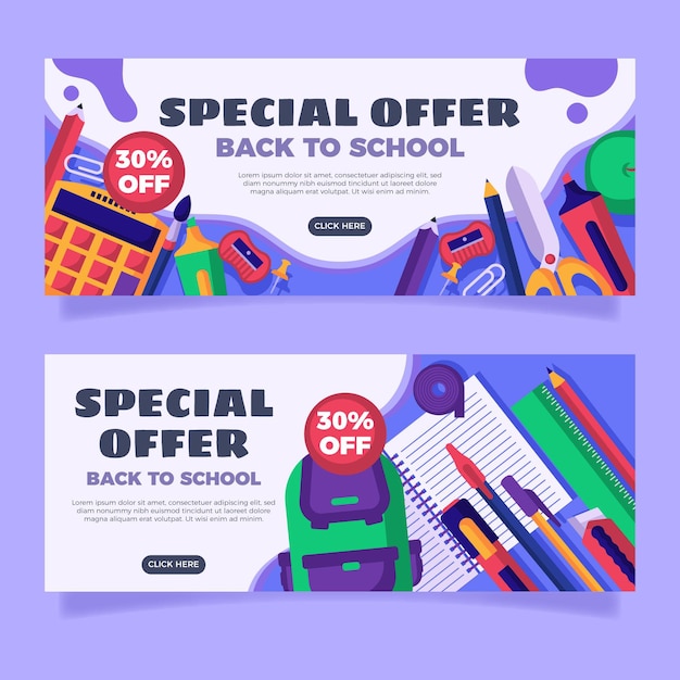 Flat back to school horizontal banners set