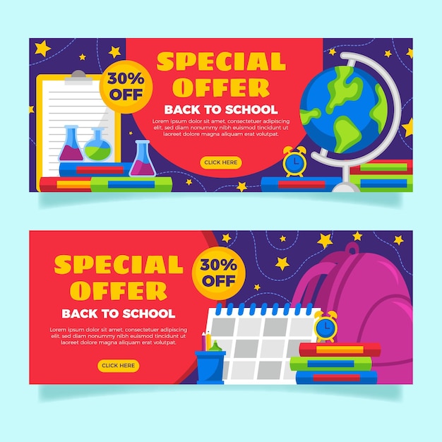 Flat back to school horizontal banners set