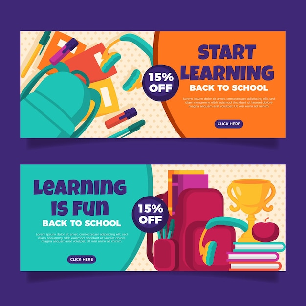 Flat back to school horizontal banners set