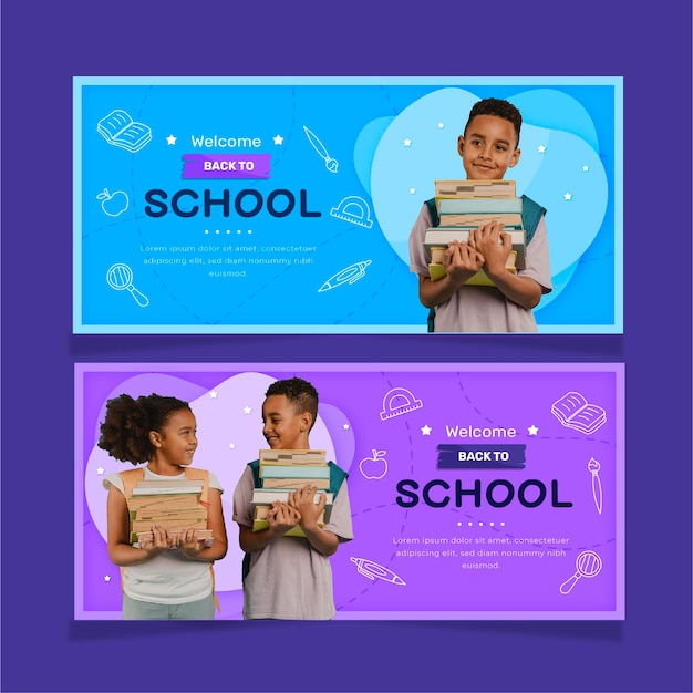 Free vector flat back to school horizontal sale banners set with photo