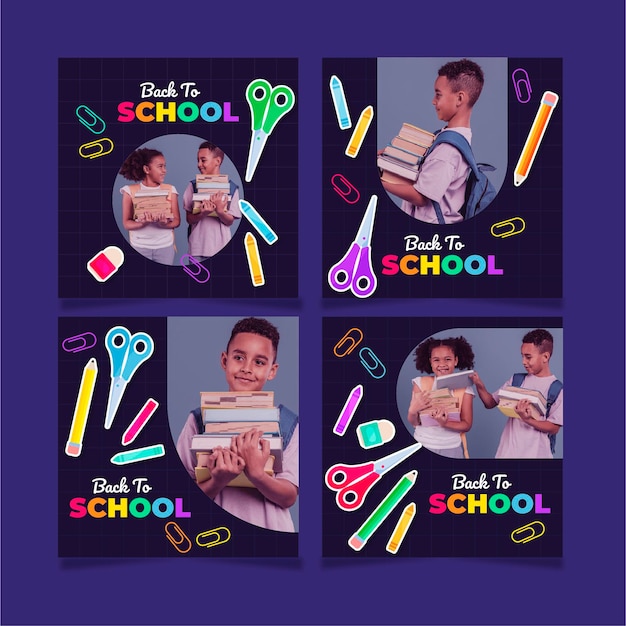 Flat back to school instagram posts collection with photo