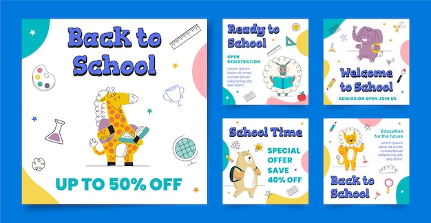 Vettore gratuito flat back to school instagram post collection